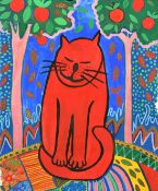 Circle of Corneille, a red cat between two fruit trees, gouache on paper, 26.75