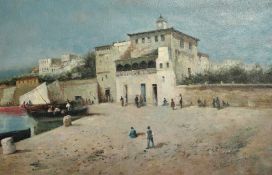 After Antonio Reyna Manescau, figures on a beach by moored boats, oil on canvas, 20