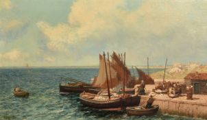 Alexander Young (1865-1923), figures and boats on a quay, oil on canvas, signed, 16