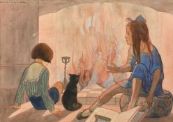 E. L. Steer, Circa 1924, children and a cat by a fantastical fire, watercolour, signed, 8.5