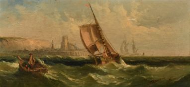 19th Century English School, fishing boats around a headland, oil on canvas, 8