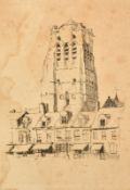 Attributed to Theo van Rysselberghe, an etching of a church tower and terrace, 13.75