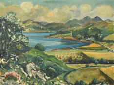 Circle of James Dixon Innes, a lake view with haystacks and sheep, oil on canvas laid down,