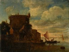 18th Century Continental School, figures and boats on a quay with a fortified building beyond, oil