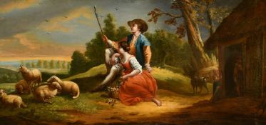 19th Century French School, follower of Boucher, A young shepherd and maiden with a basket for