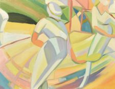 Manner of Tamara de Lempicka, 20th Century, Figures playing tennis in a stylised setting, oil on