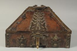 AN EARLY 19TH CENTURY INDIAN BRASS MOUNTED WOODEN BOX, 30.5cm x 23cm.