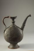 A FINE PERSIAN QAJAR ENGRAVED TINNED COPPER EWER, with figural decoration, 25.5cm high.