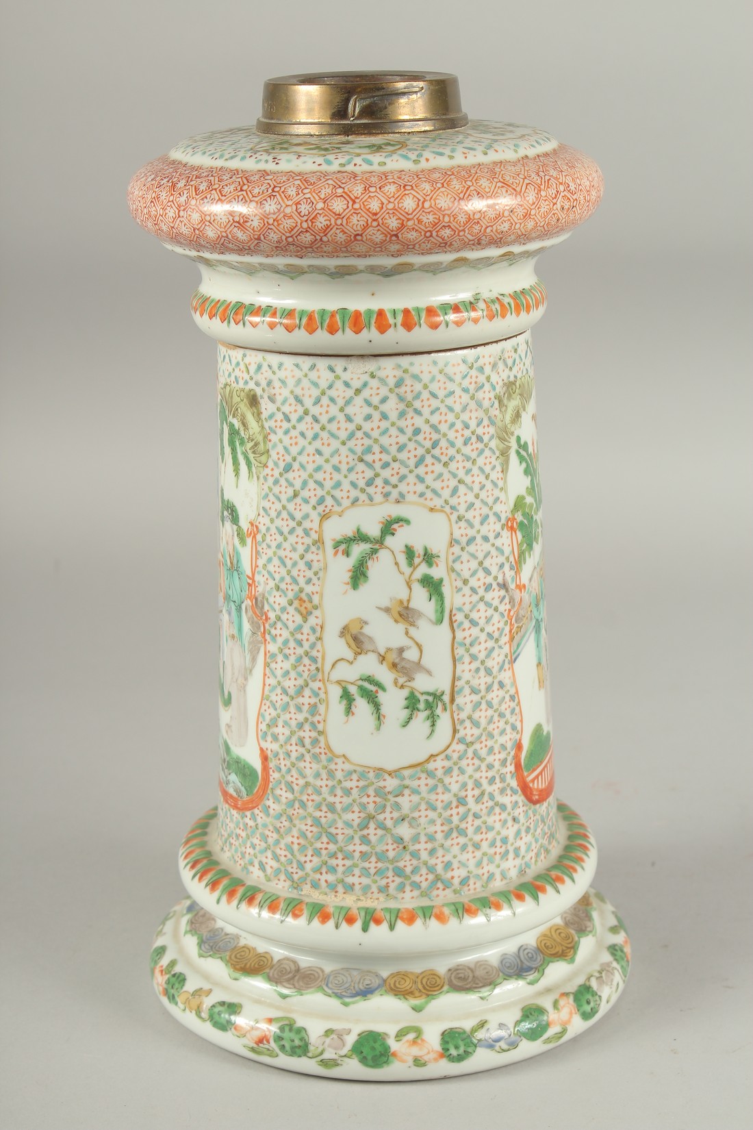 A CHINESE FAMILLE VERTE PORCELAIN LAMP, painted with panels of figures and birds, 31cm high (af). - Image 2 of 10