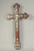 AN 18TH-19TH CENTURY CHINESE MOTHER OF PEARL INLAID WOODEN CROSS, designed with central lotus and