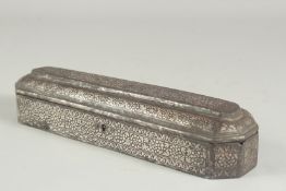 AN EARLY 19TH CENTURY INDIAN SILVER INLAID STEEL PEN BOX, 27cm long.