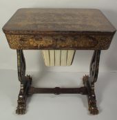 A FINE 19TH CENTURY CHINOISERIE GILDED LACQUER SEWING TABLE, painted with gilt panels of figures
