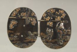 A FINE JAPANESE MEIJI TWO-PART SHAKUDO BELT BUCKLE, each piece of oval form, with very fine mixed