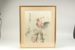 A 19TH CENTURY CHINESE EMBROIDERED SILK TEXTILE, depicting a cockerel, inscribed upper left,