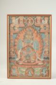 A TIBETAN PAINTED THANGKA, framed (unglazed), image 37cm x 25cm