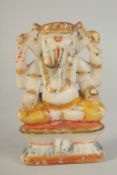 A 19TH CENTURY CARVED ALABASTER GANESH, with painted decorations and gilt highlights, 16cm high.