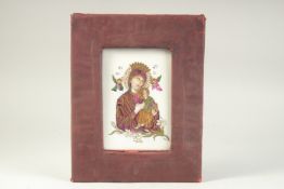 A PORCELAIN PANEL DEPICTING MADONNA AND CHILD, with gilded highlights, in fabric overlaid wooden