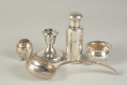 A SILVER SCENT BOTTLE AND SCREW TOP, 4ins long. London 1918, A SOUP LADLE, A SALT, A CANDLESTICK AND