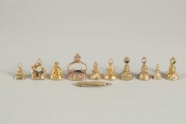 TEN VARIOUS FOBS AND A MINIATURE KNIFE.