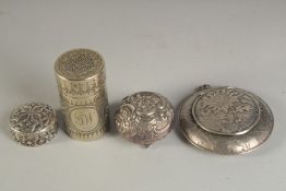 A SUNFLOWER SILVER CIRCULAR PATCH BOX, two small boxes and a tub. (4)