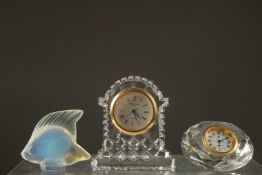 A MINIATURE CUT GLASS WATERFORD CLOCK , 2.75ins. A LOUIS PICART CUT GLASS CLOCK and a Lalique