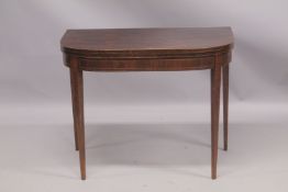 A GEORGIAN MAHOGANY CARD TABLE with folding flap, green baize cover, supported on tapering legs. 3ft