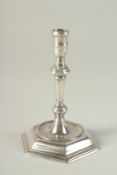 A GOOD GEORGE I TAPER STICK on hexagonal base 4.25ins high London 1721 Maker: Joseph Bird