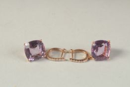 A VERY GOOD PAIR OF AMETHYST AND DIAMOND DROP EARRINGS.