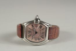 A GOOD CARTIER ROADSTER WRIST WATCH with leather strap, stainless steel. No. 150022LX 2675