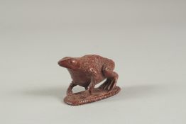 A CARVED HARDWOOD FROG NETSUKE. 2ins long.