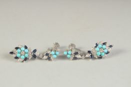 A MATCHING PAIR OF TURQUOISE, DIAMOND AND SAPPHIRE DROP EARRINGS.