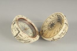 A GOOD ETCHED BONE FOLDING COMPASS AND SUNDIAL. 2.5ins diameter.
