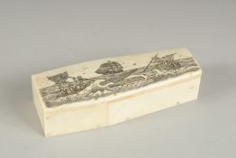 A BONE COFFIN etched with a whaling scene. 4.5ins long.