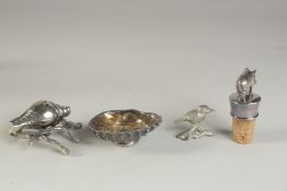 A CAST HOG BOTTLE STOPPER, A SHELL, KINGFISHER AND A SHELL SALT. (4).