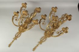 A GOOD PAIR OF GILT BRONZE FIVE BRANCH TWO TIER, WALL SCONCES. 2ft 6ins high.