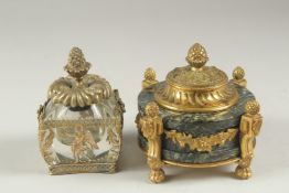 TWO 19TH CENTURY FRENCH INK POTS one in green marble, the other glass.