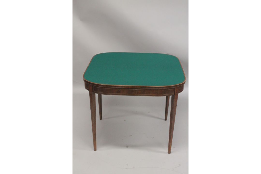 A GEORGIAN MAHOGANY CARD TABLE with folding flap, green baize cover, supported on tapering legs. 3ft - Image 3 of 4