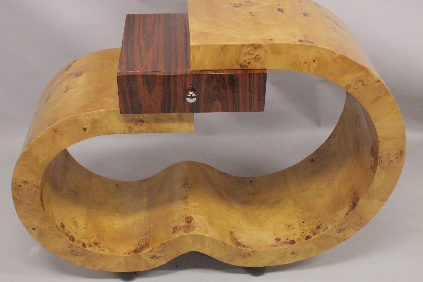 A GOOD ART DECO DESIGN CONSOLE TABLE fitted with a single drawer and open work base. 4ft long, 1ft - Image 3 of 3