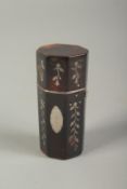 A GOOD OCTAGONAL SILVER INLAID SCENT BOTTLE CASE with glass bottle. 2.75ins.