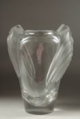 A SUPERB LALIQUE GLASS, LARGE DECO TYPE VASE. Signed, Lalique France. 12ins high in original box.