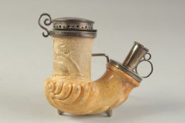 A GOOD GERMAN MEERSCHAUM AND SILVER MOUNTED PIPE carved with a deer, the silver mount engraved 