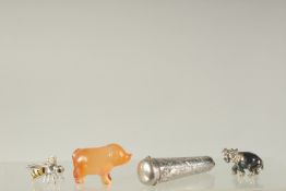 A SILVER AND ENAMEL MUG, A HIPPO, A JADE PIG and a SILVER HOLDER. (4).