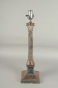 A VICTORIAN SILVER PLATED CORINTHIAN COLUMN LAMP. 20ins high.