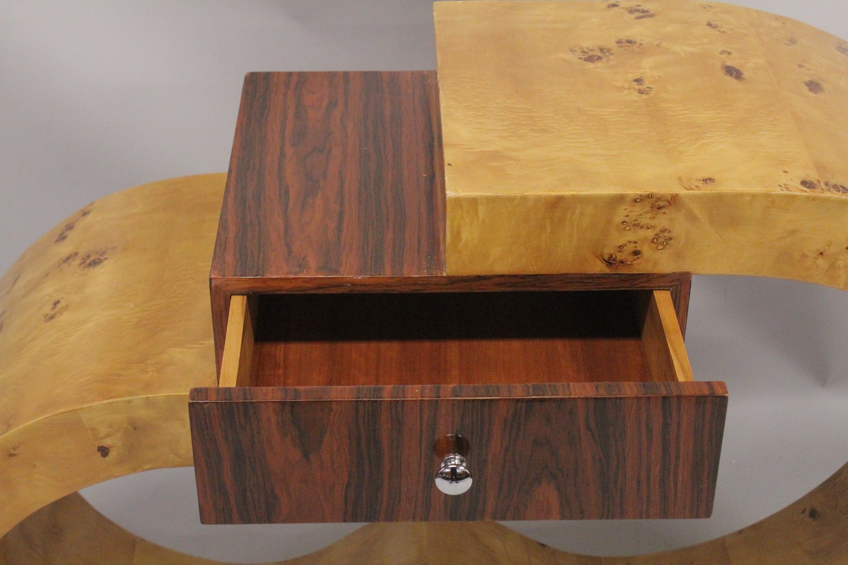 A GOOD ART DECO DESIGN CONSOLE TABLE fitted with a single drawer and open work base. 4ft long, 1ft - Image 2 of 3