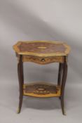A GOOD LOUIS XVITH DESIGN INLAID TABLE with gilt metal mounts, single drawer, curving legs and