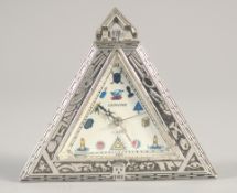 A SILVER TRIANGULAR SHAPED CERVINE POCKET WATCH. 1.75ins.