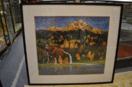 Mountainous landscape with pine trees and a river.