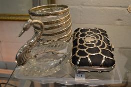 A swan shaped cut glass and silver preserve pot (faults) together with a set of six cut glass dishes