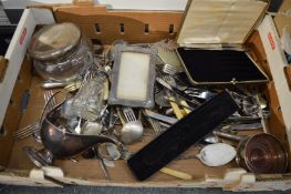 A glass powder bowl with silver lid, small embossed silver photograph frame, cut glass scent