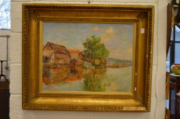 Kronenberg, rural river landscape with buildings and trees, oil on canvas, signed, in a large